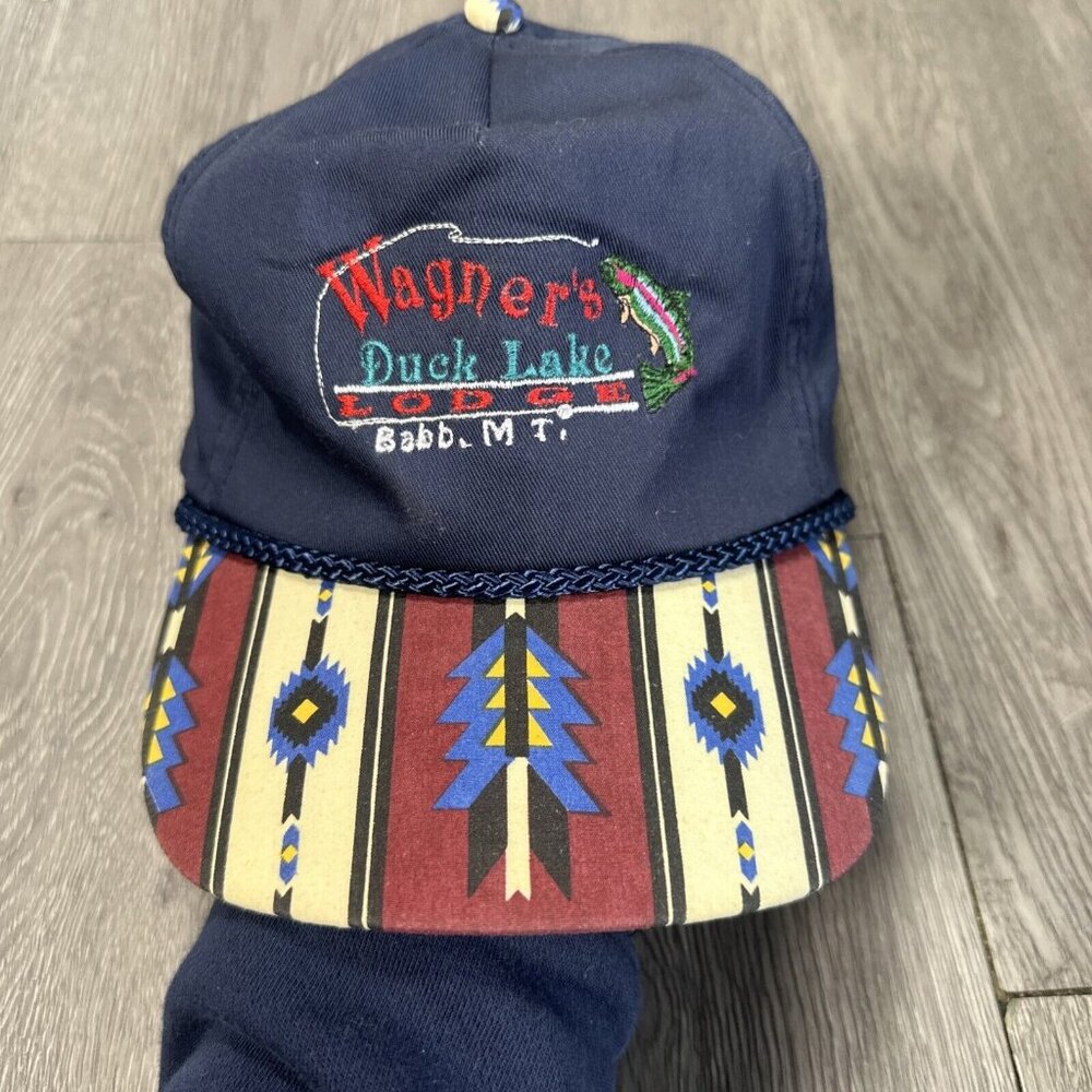 Vintage Wagners Duck Lake Aztec Rope SnapBack Hat Embroidered Blue Hunting